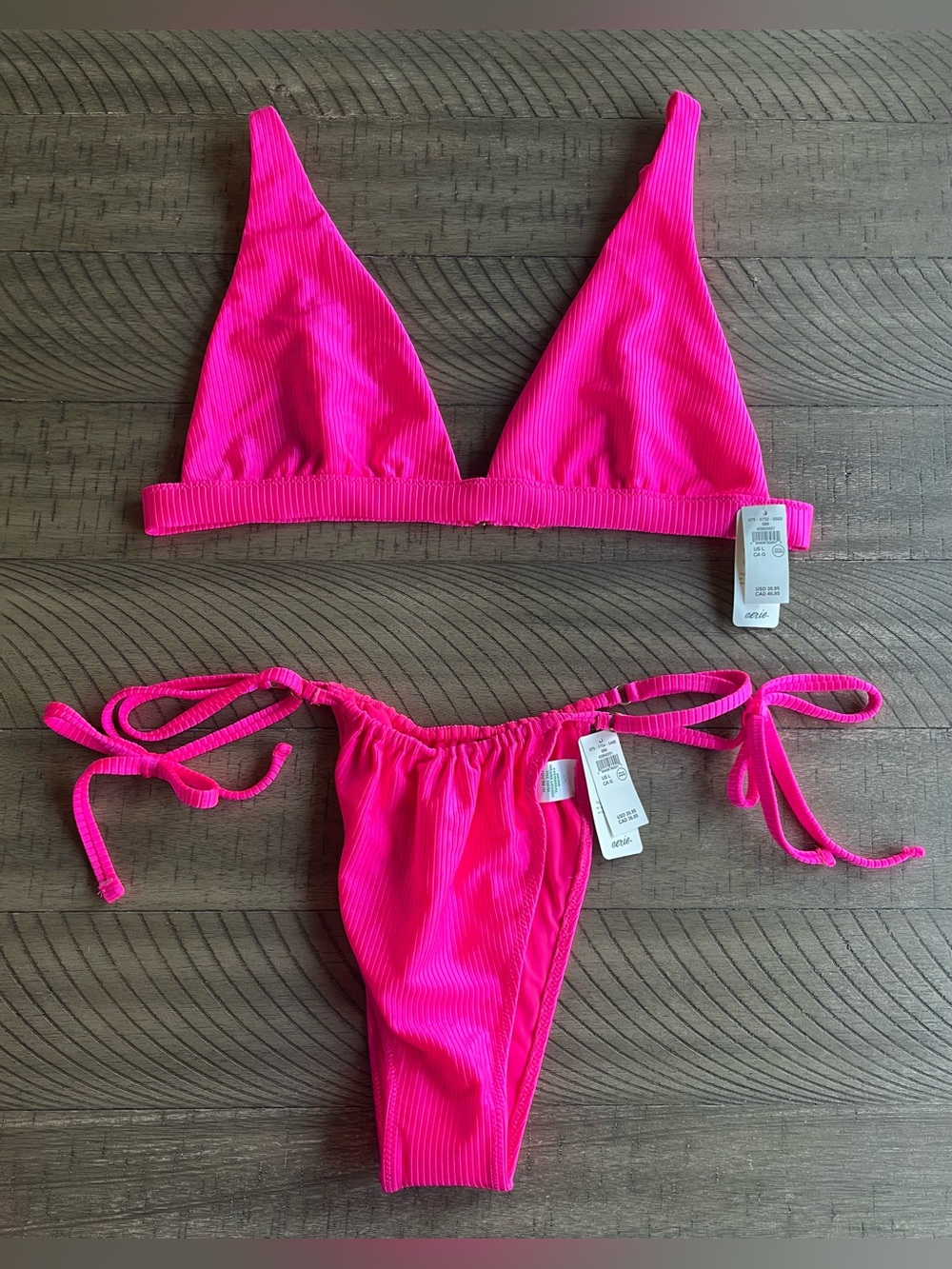 NWT Aerie Ribbed Bikini Triangle Top Cheekiest Tie Side Bottoms Large Hot Pink